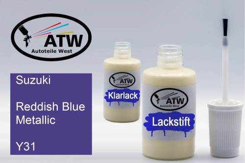 Suzuki, Reddish Blue Metallic, Y31: 20ml Lackstift + 20ml Klarlack - Set, von ATW Autoteile West.